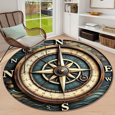 Compass Pattern Round Area Rug, Washable Soft Touch Mat for Living Room, Bedroom, Entryway, Dining Room, Patio & Garden Decor