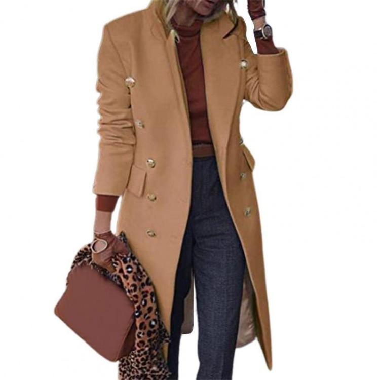 Winter Women's Wool Coat Double Breasted Knee Length Jacket Solid Color Lapel Design Fall Outerwear Plus Size Options