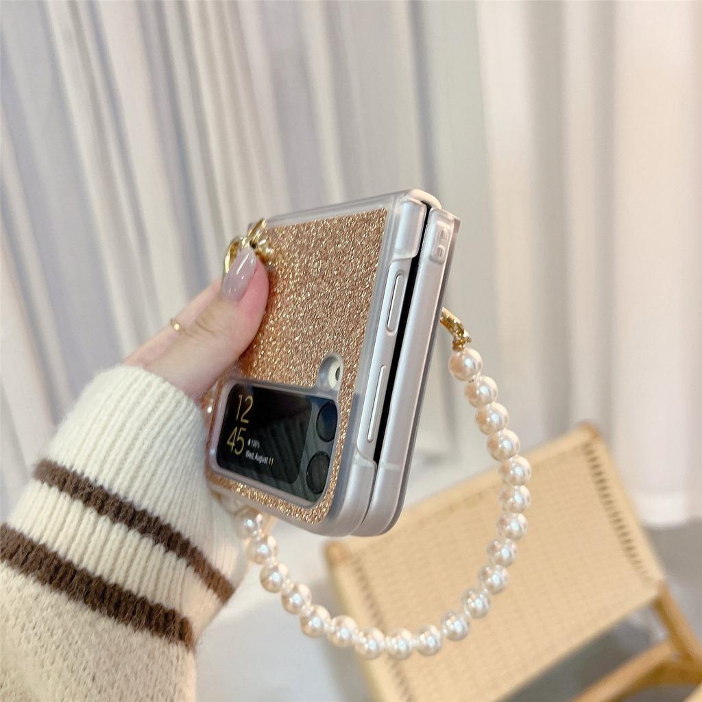Luxusní třpytivé pouzdro s perleťovým řetízkem pro dívky a ženy, odolné proti pádu a nárazům, pro Samsung Galaxy Z Flip 4 5g