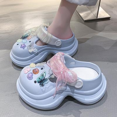 Spitze Schleife Klobige Plateausandalen für Damen 2025 Sommer Dicke Sohle Eva Garten Hausschuhe Damen Mode Farbe Perlen Strandsandalen