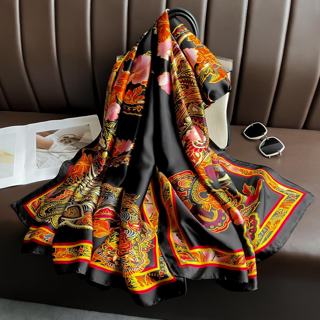 Literary Retro Cashew Totem Printing Silk Scarf Lijin Satin Long Silk Scarf Elegant Temperament Ladies Thin Section Shawl