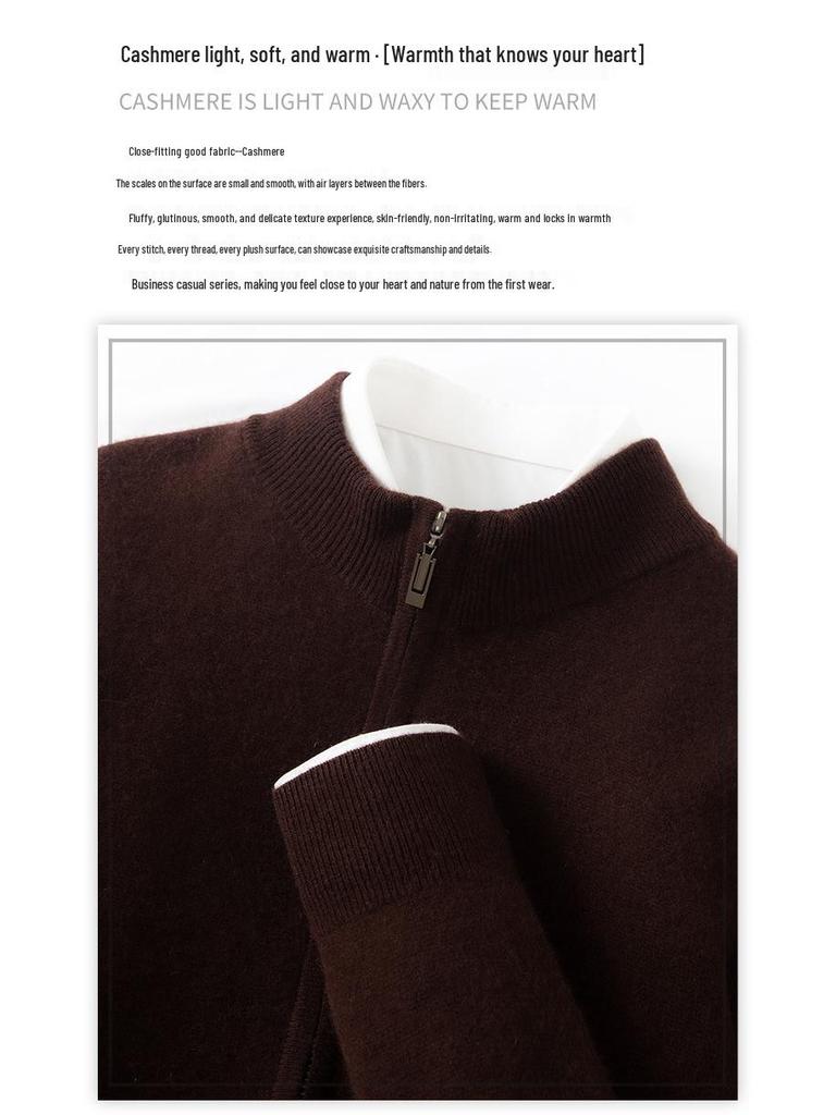 Men's Cashmere Zipper Knit Cardigan - Half-High Collar, Solid Color, Long Sleeve, Versatile Autumn/Winter Sweater.