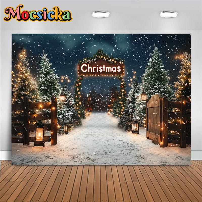 Mocsicka Christmas Background Photography Forest Tree Child Photo Backdrop Wallpaper Winter Snow Door Party Decorations Banner