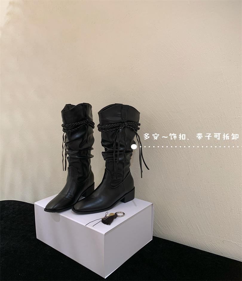 Vintage woven fringed thick heel tall boots 2025 autumn and winter thin pointed western cowboy boots stacking boots