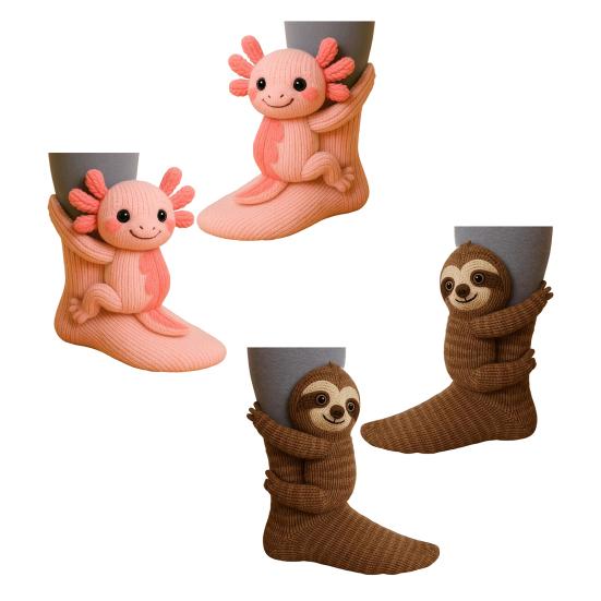 2 Pairs 3D Knit Animal Socks Hand Crocheted Animal Doll Socks Sloth Cute Warm Winter Socks for Men Women Animal Lovers Gifts