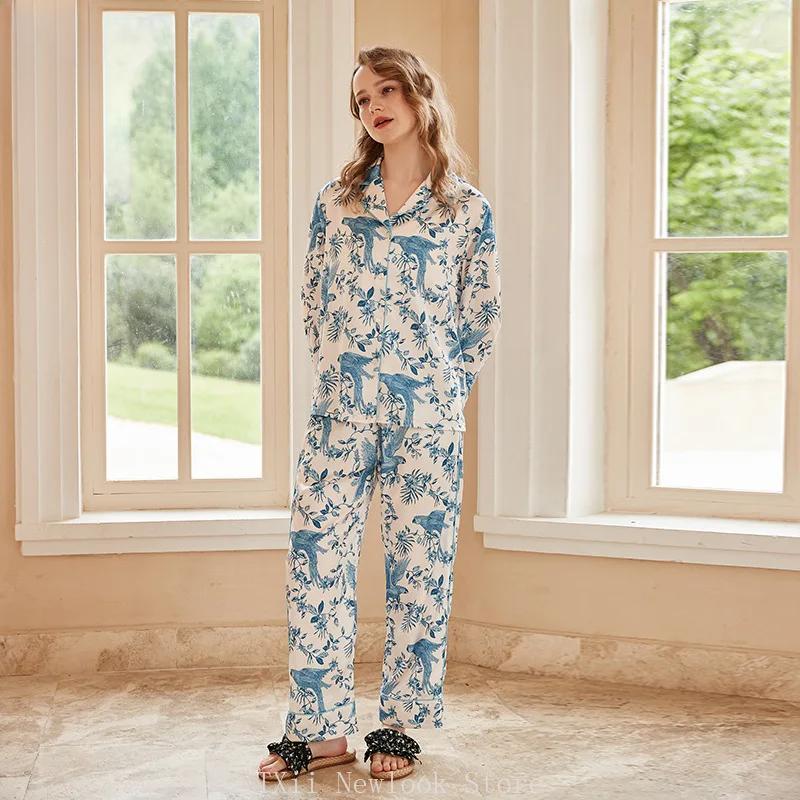 

Удобная пижама Ice Silk для женщин с лацканами, весенне-летняя домашняя одежда с длинным рукавом XL