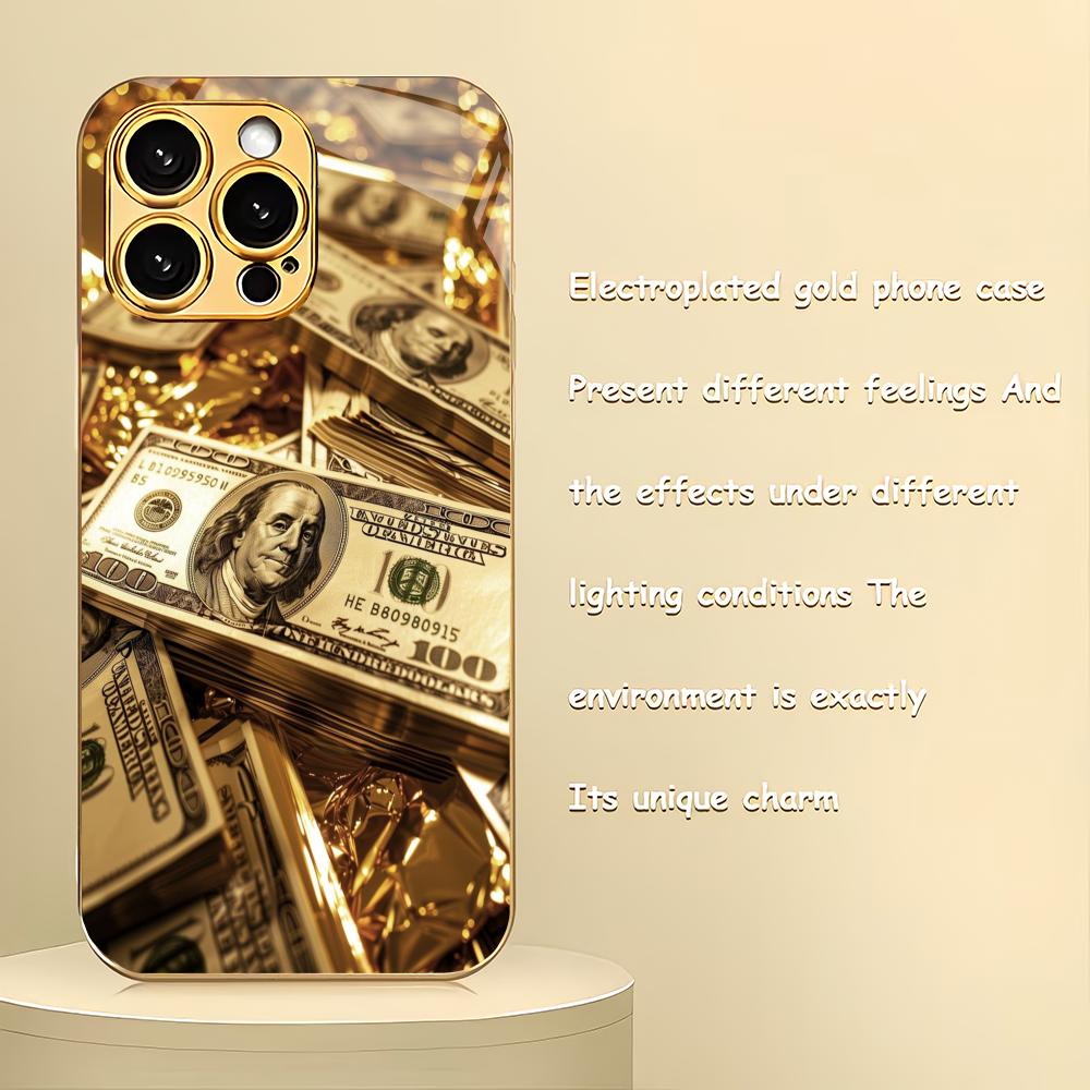 USD Banknote Pattern Electroplated Glass Phone Case Suitable for iPhone 17 16 15 14 13 12 11 Pro/Max/Plus Shockproof Back Cover