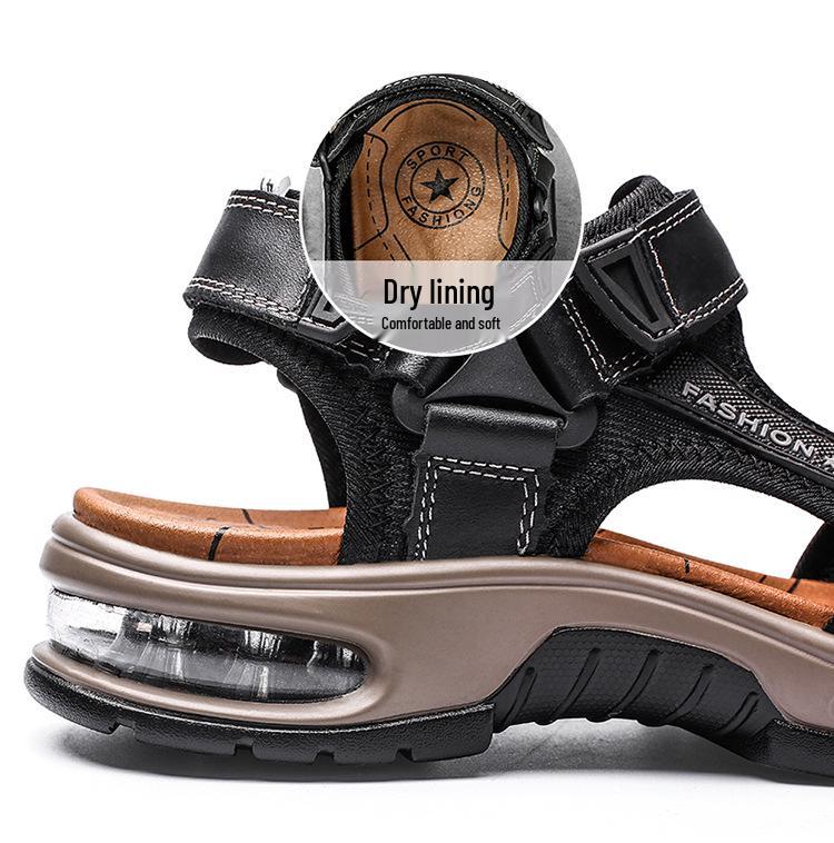 Men's Casual Genuine Leather Open-Toe Beach Sandals with Air Cushion - Lightweight and Plus Size for Outdoor Activities.
