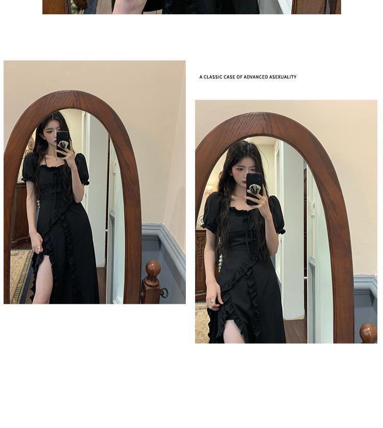 Summer 2024 French Lace Square Collar Slim Fit Slit Dress