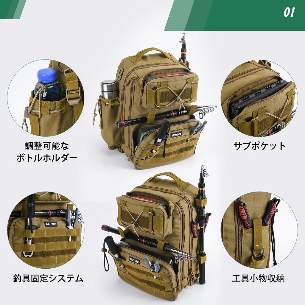 Goture Fishing Waterproof Backpack with Two Lure Large Tackle Tool Storage Bag for Hiking and Outdoor Khaki Bag, 5-Way Cases, Multifunctional,