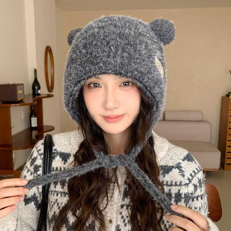 

Милая вязаная плюшевая шапка с ушками медведя, осенне-зимняя теплая шапка с защитой ушей, шапка-мешок на голову, большой обхват головы, повседневная ветрозащитная шапка для женщин one size