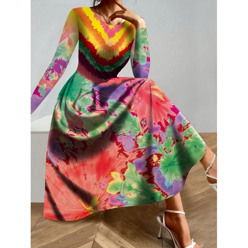 Womens Purple Floral Print Long Sleeve Maxi Dress - Elegant Party In Milk Silk Fabric