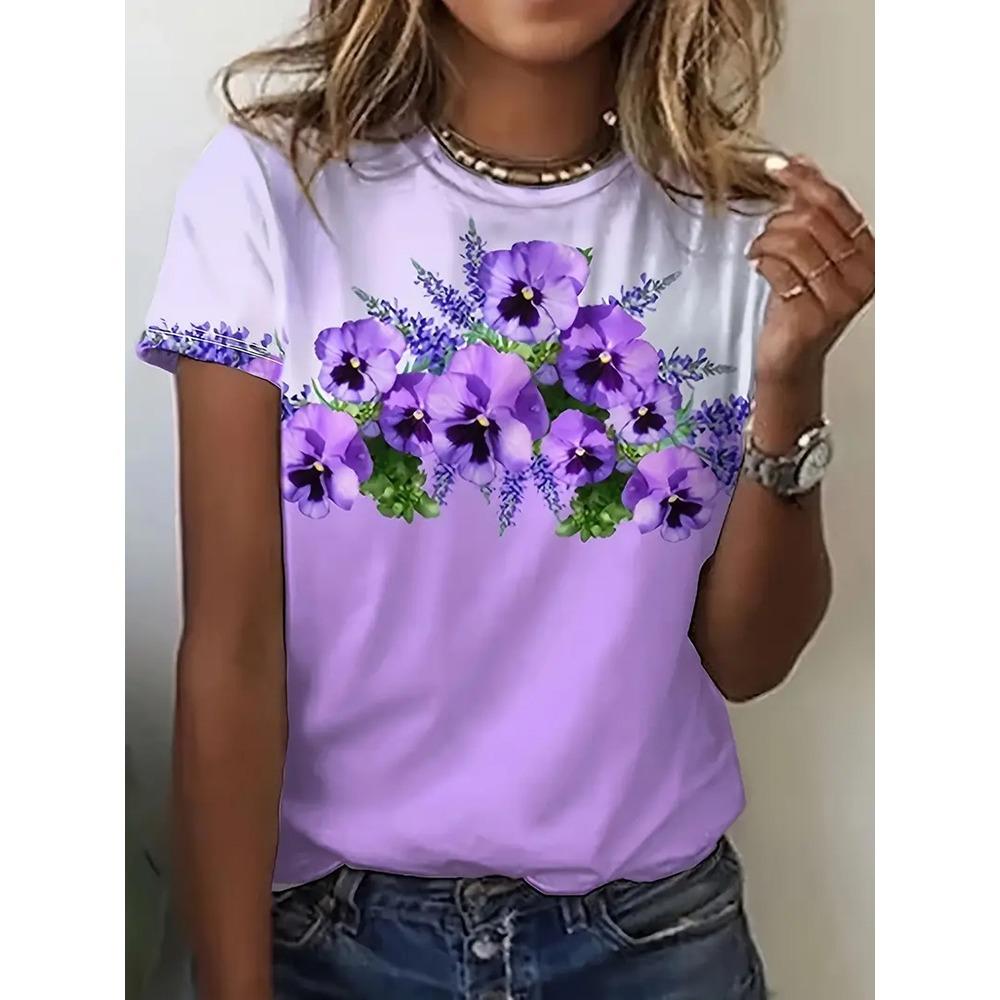 Colorful Flower Print T-shirt Casual Daily Flower Print