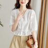 [SYitong] Lace Top, Short Sleeve, Floral Blouse, White, V-Neck, Summer, Embroidery, Cute, Openwork, Fluffy, Figure-Flattering, Slimming, Simple, Styli
