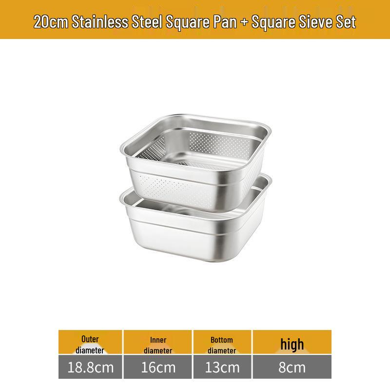 Large 304 Stainless Steel Colander with Lid - Square Vegetable Washing and Oil Draining Basin