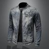 High End Men's Denim Jacket Casual Retro Big Size Stand Collar Zipper Biker Motorcycle Coat