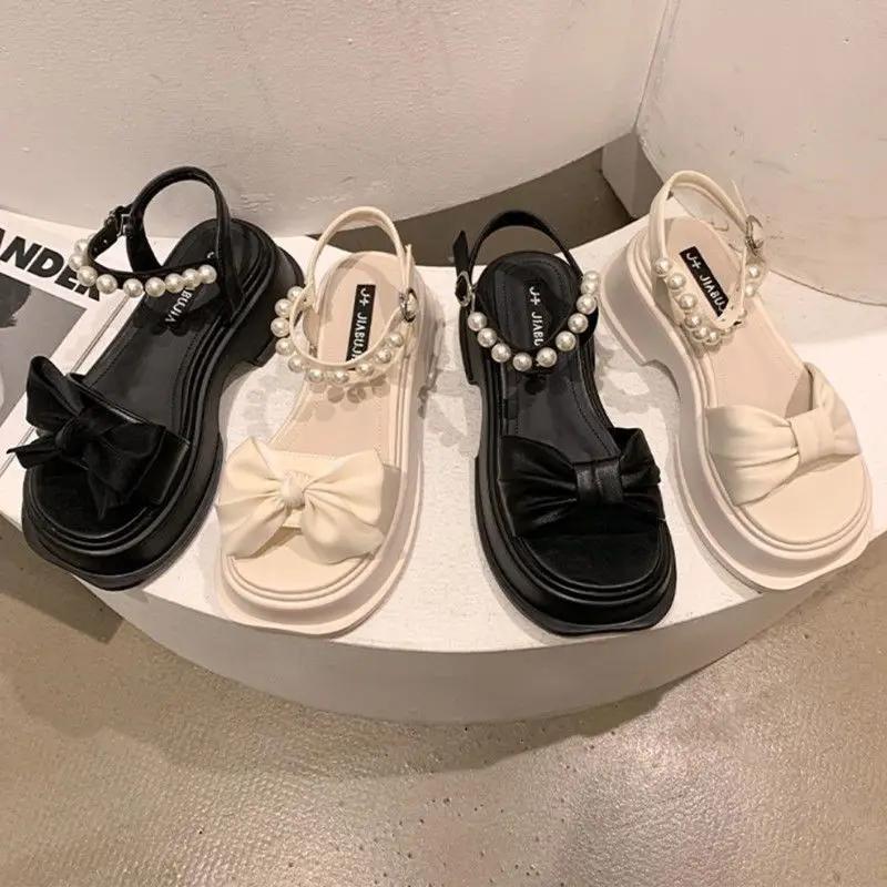 Summer 2025 Women's Shoes Black Block Heel Pearl One Word Footwear Beach Sandals for Woman Bow Korea F Luxury Designer On Offer
