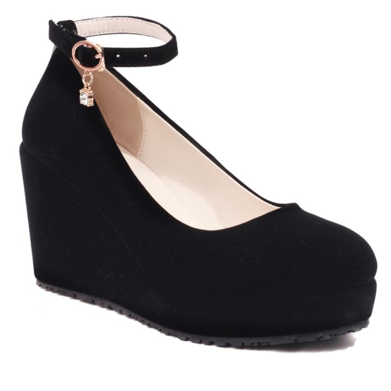 Platform Women's Wedge High Heels Wedding Shoes 2025 New Strap Spring Fashion Flock Black Red Heeled Party Office Dance Shoes