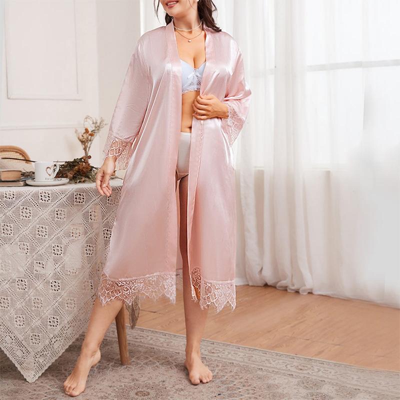 Plus Size Summer Pajamas Simple Casual Cardigan Pajamas Long-sleeved Household Clothes Medium Length Bathrobe Ice Silk Pajamas Women