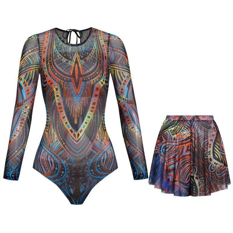 Swimsuit Women's Long Sleeve Sunscreen Swimsuit European and American Short Skirt Set Bikini