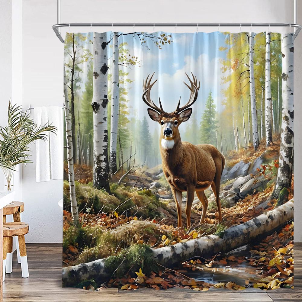 Deer Autumn Scenery Shower Curtain Maple Tree Cabin Stream Mountains Nature Landscape Polyester Bathtub Curtain Bath Decorations