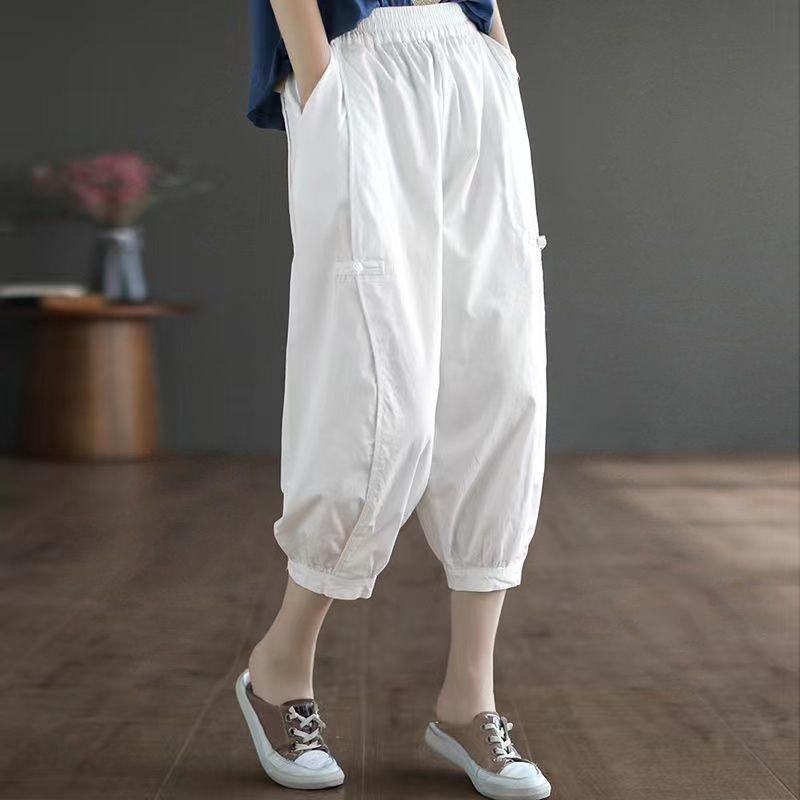 Women's Summer Retro Artistic Folded Button Patch Plus Size Harem Pants Casual Capri Pants