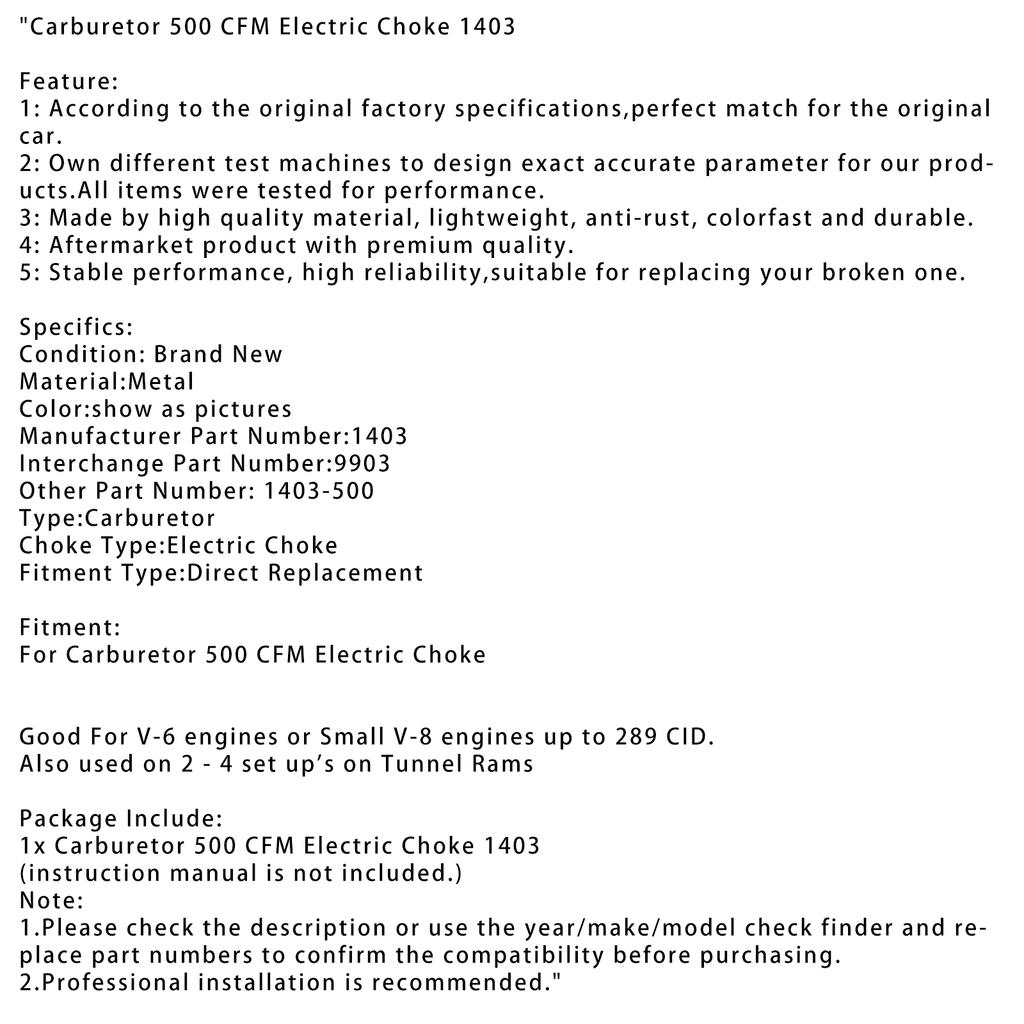 Carburetor 500 CFM Electric Choke 1403