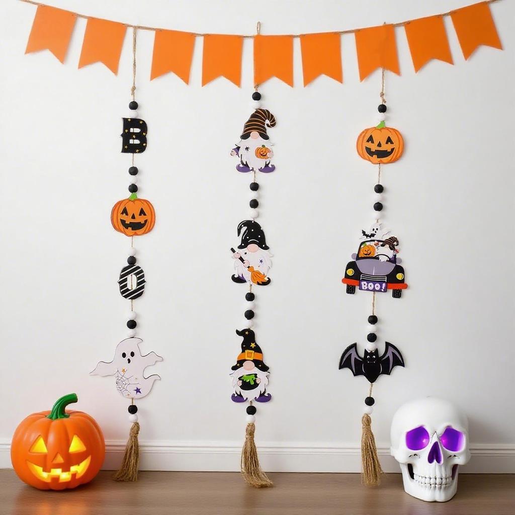 Ming Guan Wooden Halloween Sign: Ghost Festival Beaded String with Pumpkin & Bat Pendant for Home or Party Decor