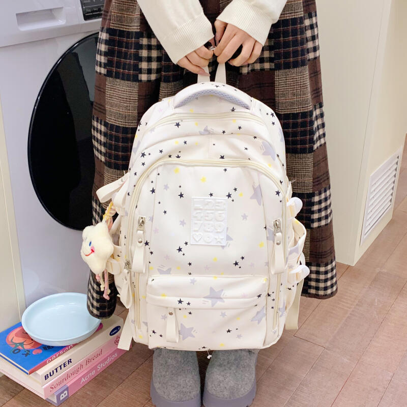 Cute Star-Print Nylon Backpack – Stylish & Lightweight School Bag for Girls, Teens, and Women