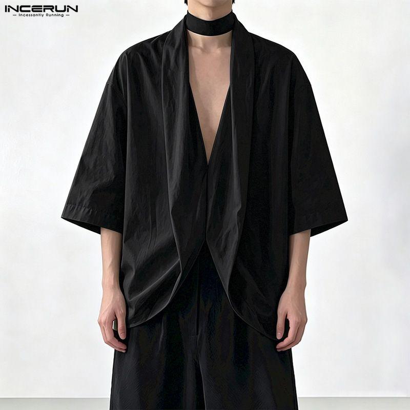 INCERUN Men's 3/4 Sleeve V-Neck Irregular Loose Fit Casual Holiday Kimono Cardigan Shirts
