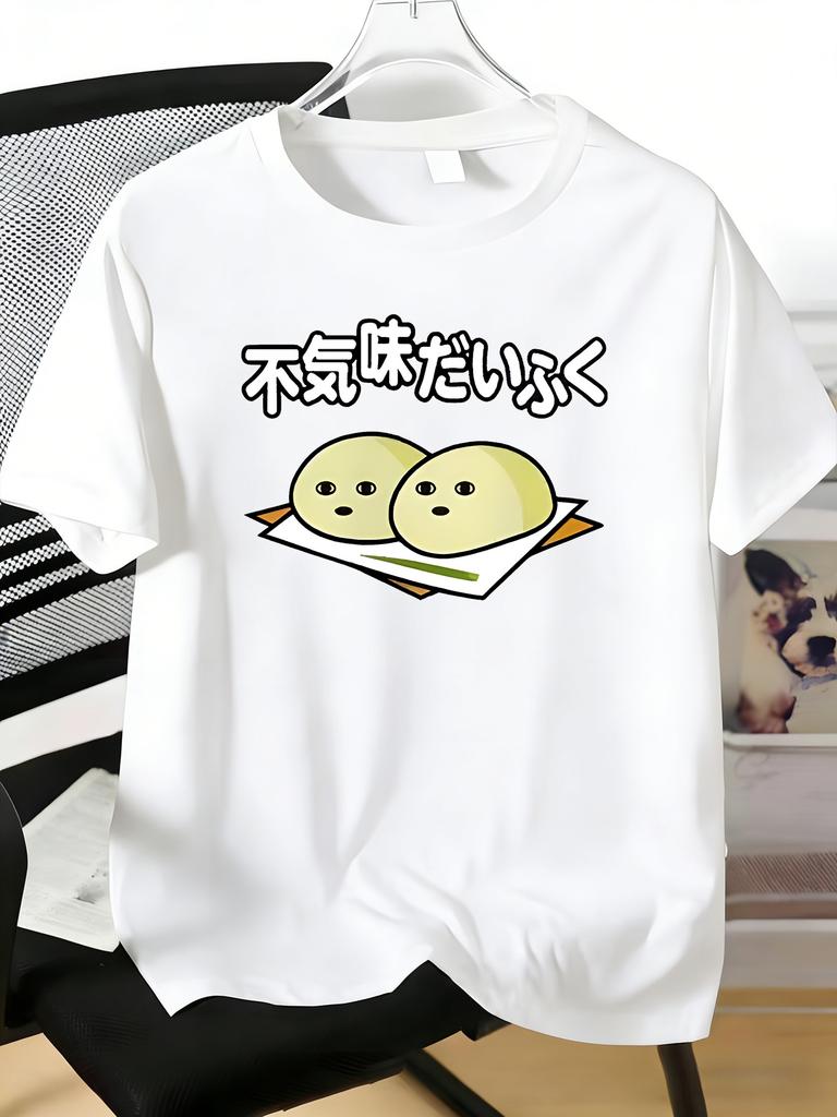 Unisexs Tee Cartoon Snack Japanese Letter Graphic Print Cotton Short Sleeve Male Casual Streetwear Outdoor Daily Basic Fashion Top