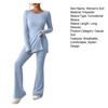 Women Two Pieces Suit Winter Autumn Knitted Long Sleeve Ribbed Slit Top High Waist Flared Trousers Set Fashion Outfit