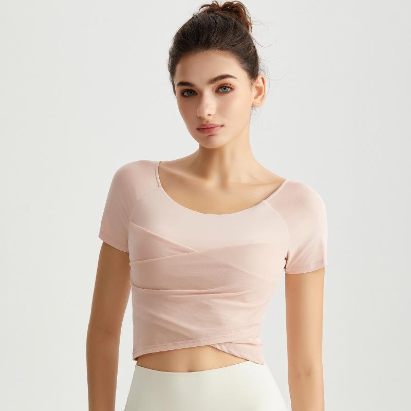 Chinese Style Women's Summer Yoga Top – Short Sleeve, Fixed Cups, Cross Mesh, Pleated, Slim Fit Sports Wear