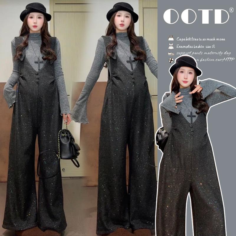 

2025 Winter Maternity Knit Base Layer & Fleece-Lined Sequin Strap Pants Set 2XL