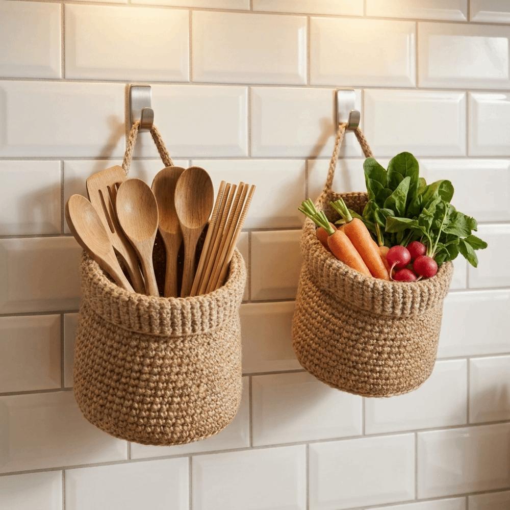 Hand-Woven Wall Hanging Basket Soft Decorative Vegetable Fruit Storage Baskets Space Saving Egg Fruit Storage Container Bathroom