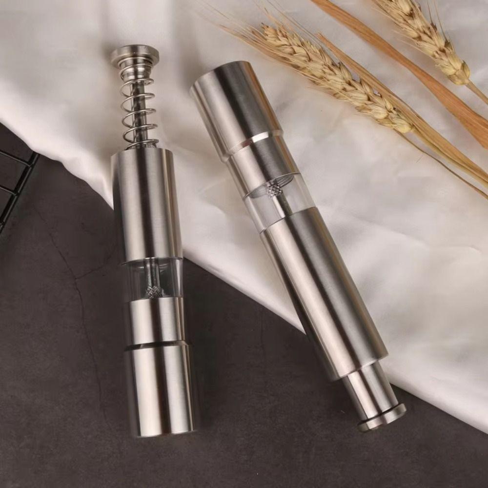 Stainless Steel Salt Grinder Thumb Push Button Hand Operation Pepper Grinder Portable Design Efficient Grinding Spice Grinder