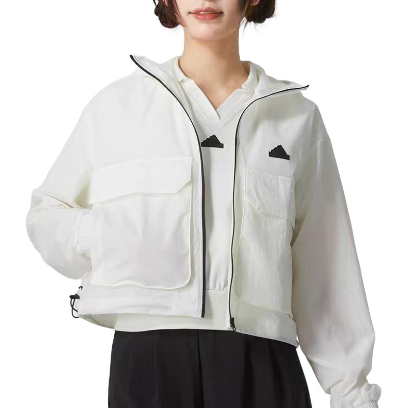 adidas Solid Color Fitted Zip-Up Cropped Hoodie Jacket Women Outerwear Beige IS0660
