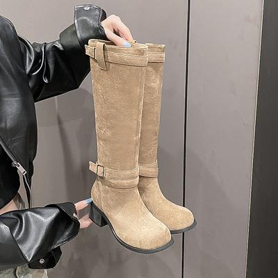 Moda Moda Kalın Topuklu Batı Kovboy Şövalye Botları Kadınlar için Sonbahar Kadın Ayakkabıları Tokalı Tasarımcı Sürü Diz Üstü Botlar Bayanlar