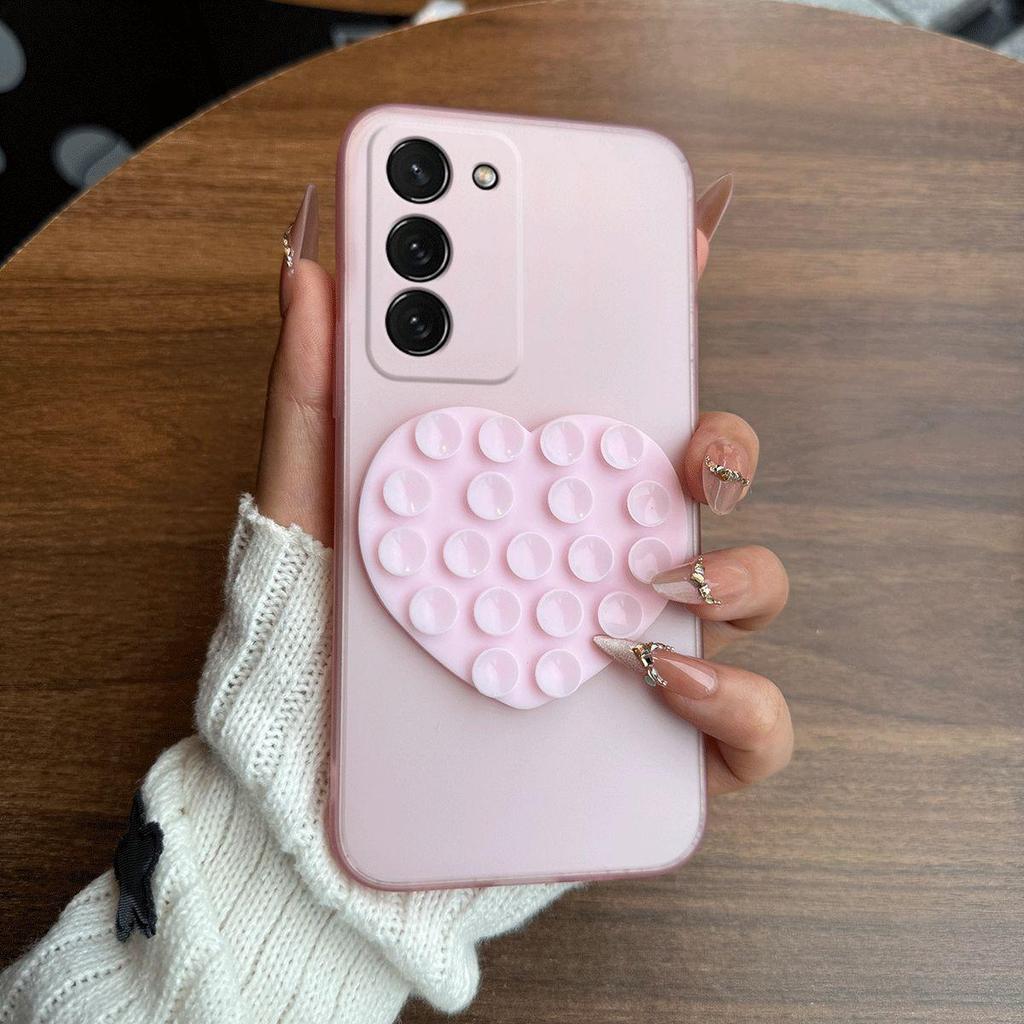 Heart Shape Suction Cup Phone Case for Samsung Galaxy S23+,S23 Semi Transparent Matte Shockproof Soft TPU Cover