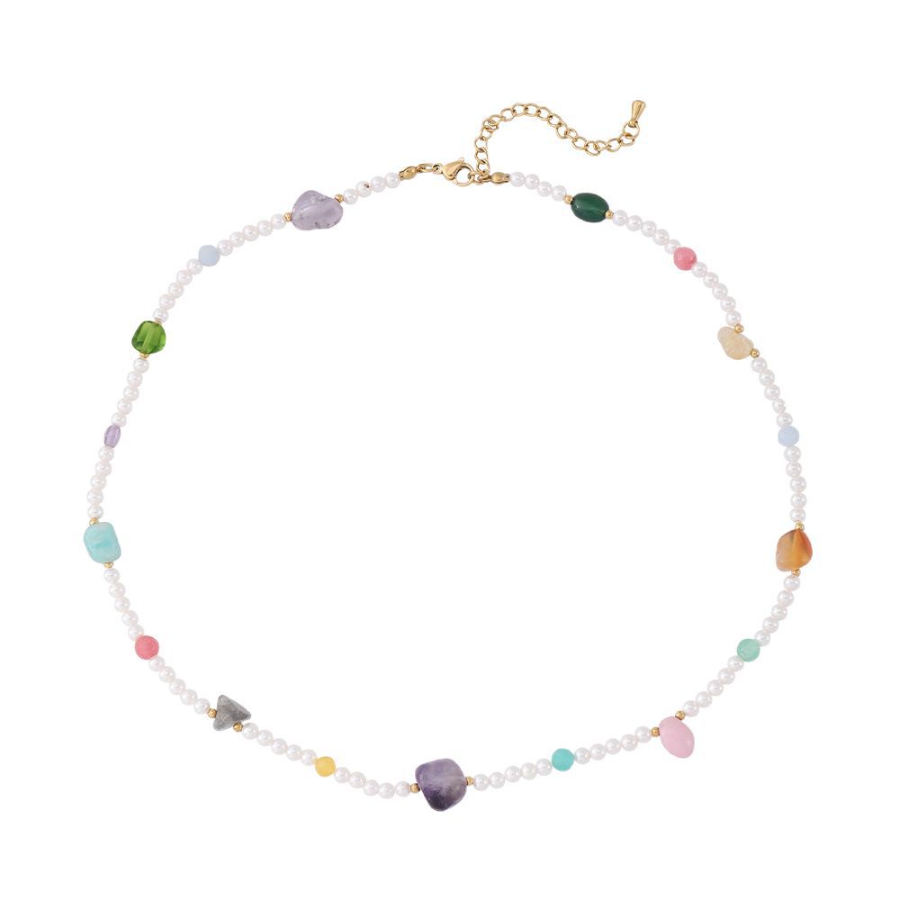 GEMCHIC Women's Summer Colorful Natural Stone Beaded Necklace, Sweet Korean Style Glass Pearl Choker