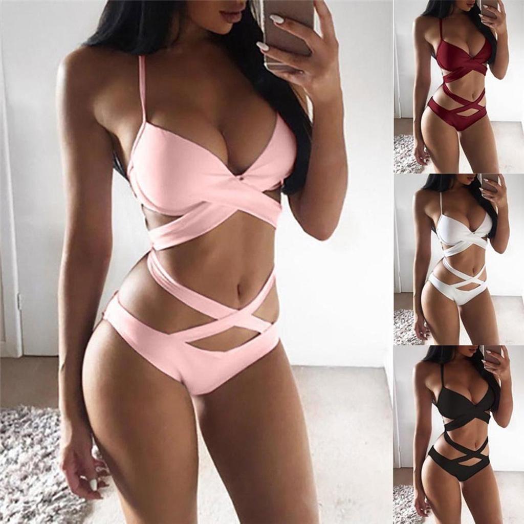 Premium Quality Five Colors Summer Sexy Women Bandage Cross Push-up Bikini Set Bathing Suit