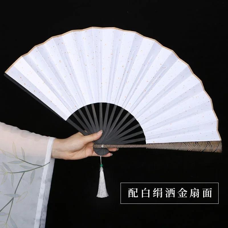 New Chinese Style Hand Fan Cloud Pattern Carved Gold Sprinkling Waterproof Raw Silk Antique Tassel Men And Women Dance Fans