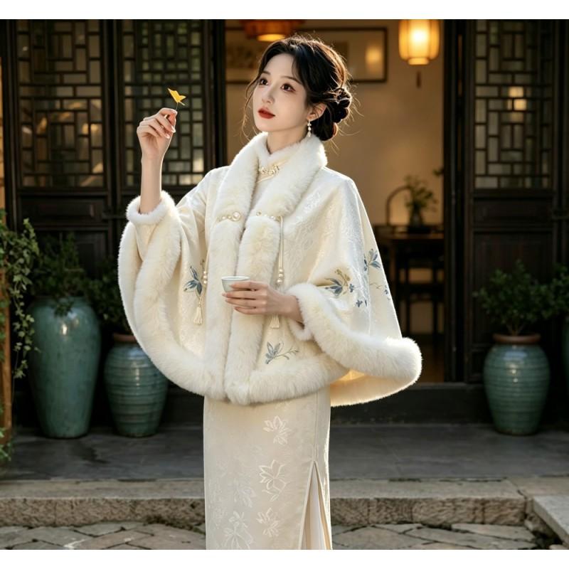 Winter Solid Color Knit Cape Shawl With Fur Trim Warm Cheongsam Outerwear Women