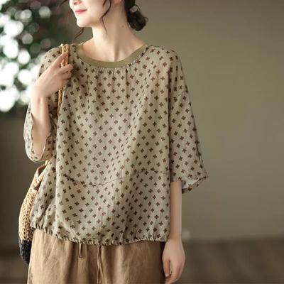 Cotton and Linen Summer Temperament Printed Pullover T-shirt Women's Loose Large Size Slim Round Neck Mid-sleeved Top Women's T-shirt