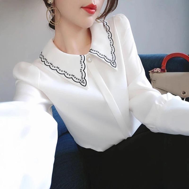 Women's Beige Peter Pan Collar Blouse Embroidered Detail Long Sleeve Elegant Casual Office Top For Daily Wear
