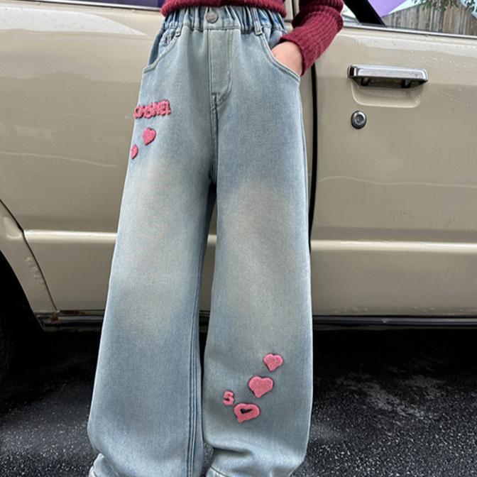 Girls' Pants Children's Light Colored Jeans Spring and Autumn Girls' Straight Leg Wide Leg Pants Loose