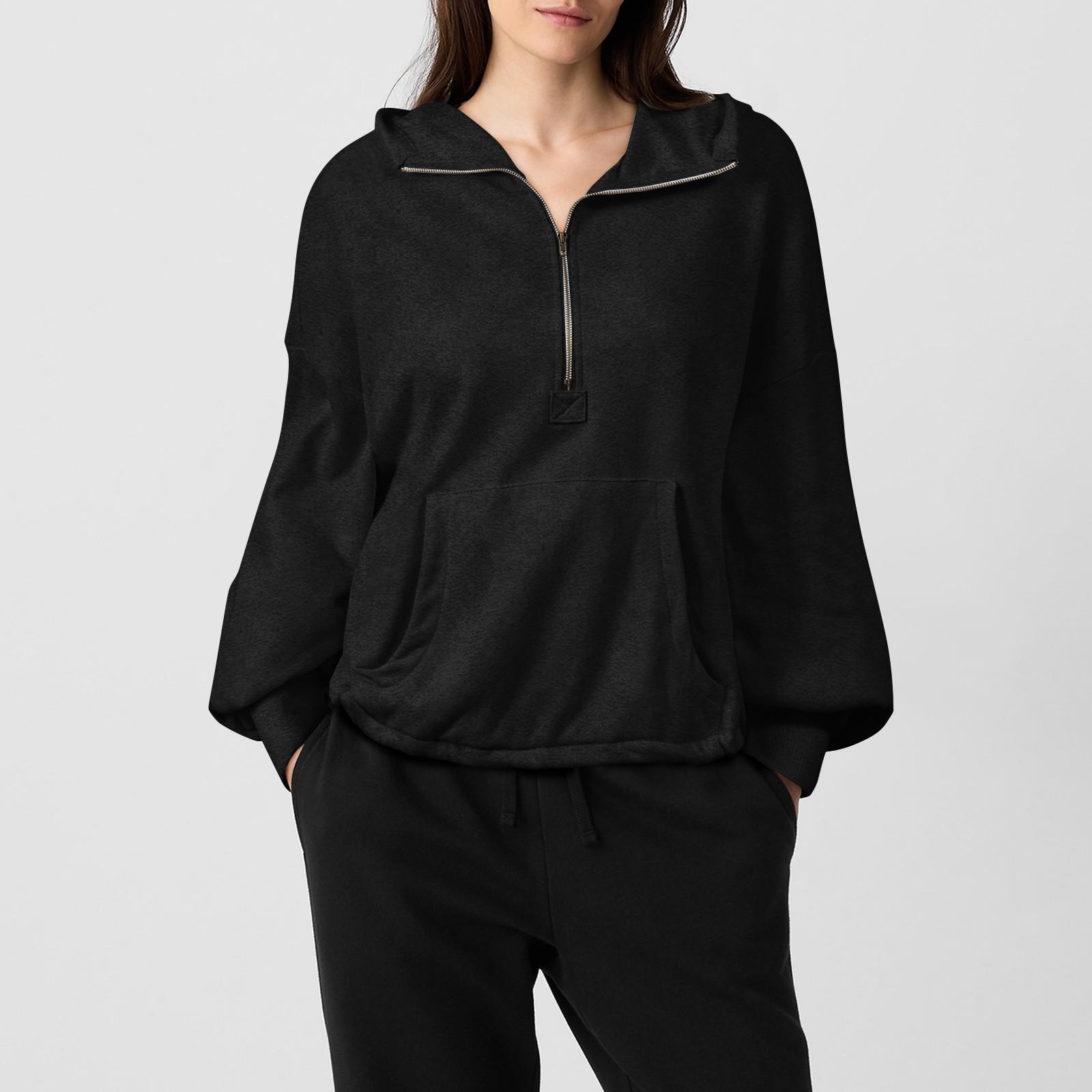 

Женские толстовки с капюшоном на молнии с длинным рукавом, осенние свободные толстовки, куртки с карманами, модная одежда, толстовки с капюшоном для женщин L чёрный