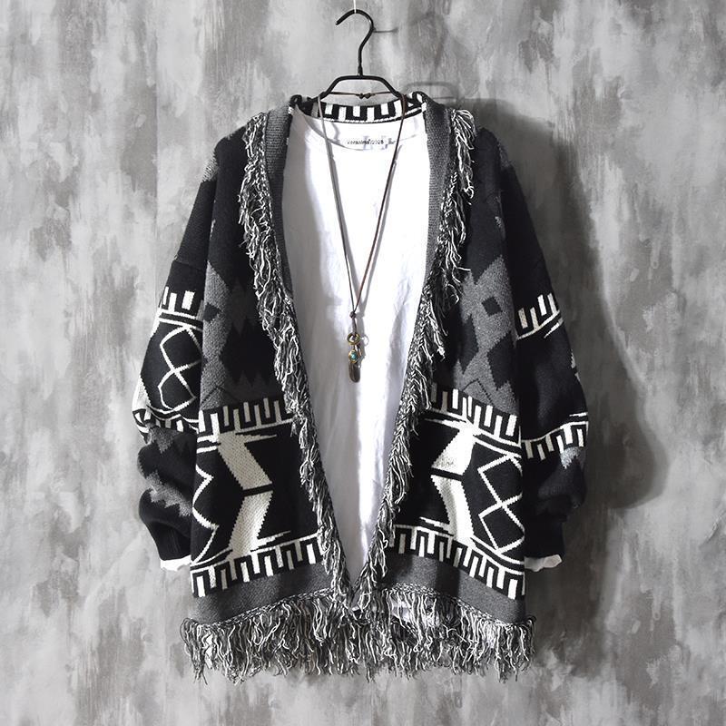 

Вязаный кардиган в стиле ретро для мужчин, для пары, свободный, вязаный свитер-куртка с необработанным краем, модные свитера L чёрный