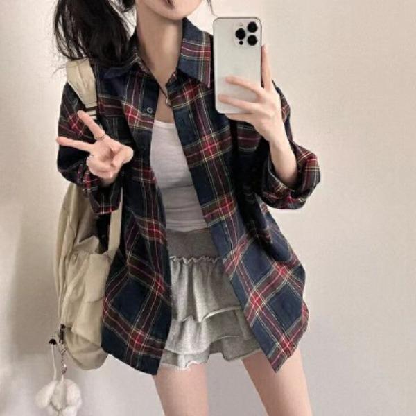 Korean Style Women's Plaid Shirt Top Plaid Shirt Loose and Versatile Thin Shirt Jacket