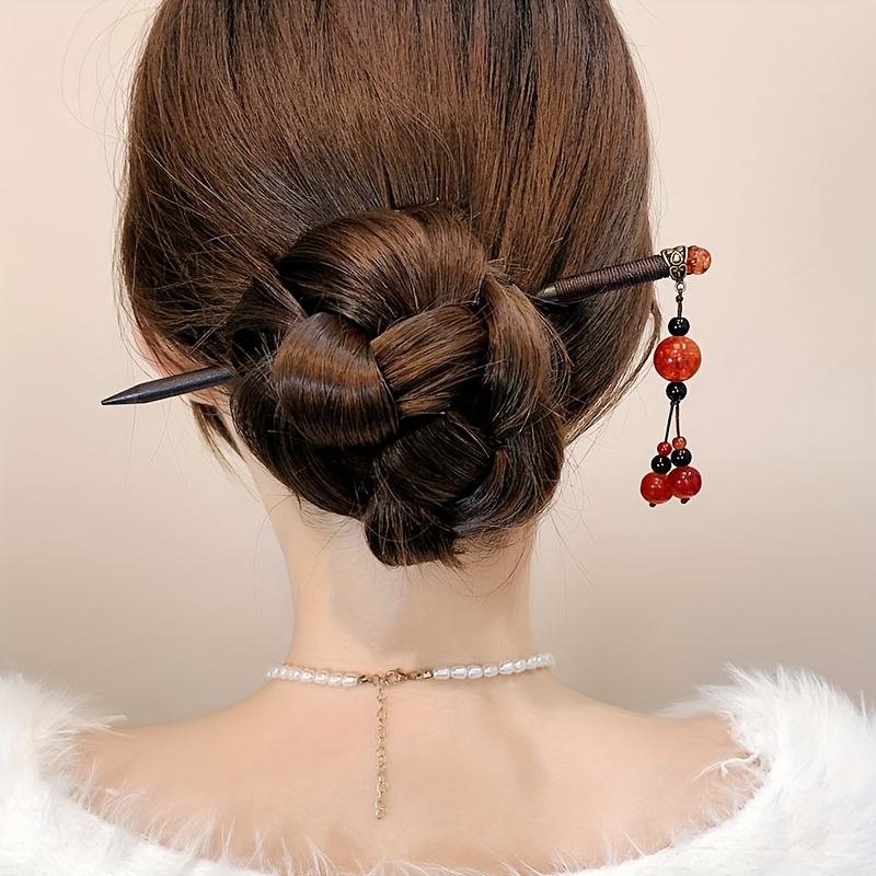 1pc of Wooden Red Rose Flower Tassel Faux Pearl Hairpin, Vintage New Year, Bridal Gift Hair Accessory, Christmas Present